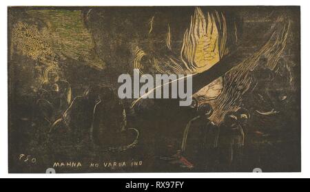 Mahna no varua ino (le diable parle), de la suite Noa Noa. Paul Gauguin ; français, 1848-1903. Date : 1893-1894. Dimensions : 202 × 356 mm (image) ; 204 × 356 mm (feuille). Wood-block print, imprimé deux fois en brun et noir d'encre, plus d'un jaune, argent-gris et brun-orangé, bloc-son encre et transférés jaune, vert, rouge et orange à l'huile, support, un contenant d'abeille et de résine de conifères (probablement), la résine de pin sur ivoire papier japonais, prévue sur vélin crème carte. Origine : France. Musée : le Chicago Art Institute. Banque D'Images
