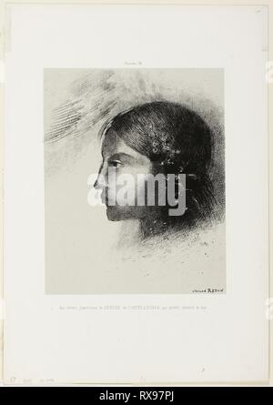 Au réveil j'ai vu la déesse de l'intelligible avec son disque dur et sévère, profil planche 6 de 6. Odilon Redon ; français, 1840-1916. Date : 1885. Dimensions : 270 × 215 mm (Chine) ; 455 × 315 mm (feuille). Lithographie en noir sur papier gris clair Chine fixées sur papier vélin ivoire. Origine : France. Musée : le Chicago Art Institute. Banque D'Images