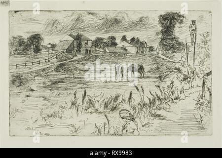 Paysage avec chevaux. James McNeill Whistler ; American, 1834-1903. Date : 1859. Dimensions : 125 x 202 mm (plaque) ; 151 x 221 mm (feuille). Pointe sèche avec foul de mordre dans l'encre noire sur papier vergé ivoire. Origine : Etats Unis. Musée : le Chicago Art Institute. Banque D'Images