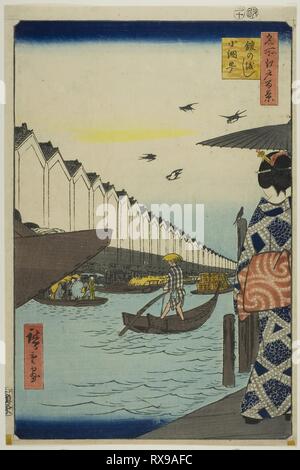 Ferry, Koami Yoroi-cho (Yoroi no watashi Koami-cho), à partir de la série "Cent vues célèbres d'Edo (Edo Meisho hyakkei)'. Utagawa Hiroshige ? ?  ? ? ; Japonais, 1797-1858. Date : 1857. Dimensions : . Gravure sur bois en couleur ; Oban. Origine : Japon. Musée : le Chicago Art Institute. Banque D'Images