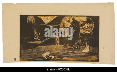 Maruru (offrandes de gratitude), à partir de la suite Noa Noa. Paul Gauguin ; français, 1848-1903. Date : 1893-1894. Dimensions : 204 × 356 mm (image) ; 264 × 502 mm (feuille). Wood-block print, imprimé deux fois dans l'ocre jaune et noir d'encre, de l'essuyage avec de l'encre noire, sur un ton d'encre jaune, bloc transféré jaune doré, vert, et rouge-orange et rouge, au pochoir à base d'huile de support, un contenant d'abeille et de résine de conifères (probablement la résine du pin), sur vélin crème. Origine : France. Musée : le Chicago Art Institute. Banque D'Images