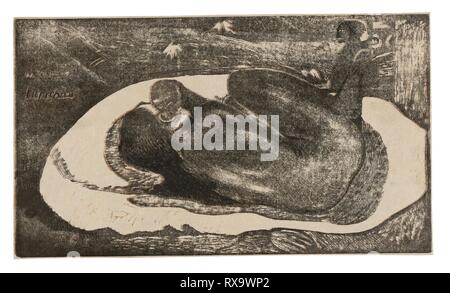 Manao tupapau (elle pense à l'ombre ou le fantôme pense à sa), à partir de la suite Noa Noa. Paul Gauguin ; français, 1848-1903. Date : 1893-1894. Dimensions : 204 × 357 mm (image) ; 207 × 359 mm (feuille). Wood-block print, imprimé trois fois de couleur rouge-brun, noir, et la lumière de l'encre noire, avec des touches de pinceau et de la gouache noire et argent-gris aquarelle (altération du noir), sur ivoire portées papier japonais, prévue sur vélin ivoire papier japonais (un stratifié réalisé par l'artiste). Origine : France. Musée : le Chicago Art Institute. Banque D'Images