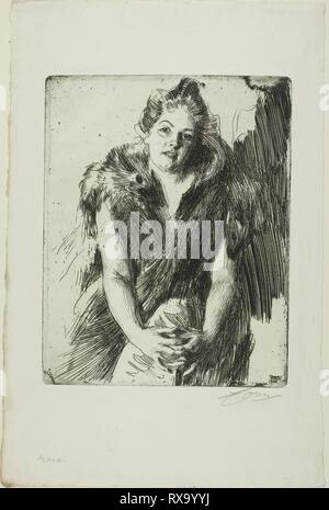 Maja von Heijne. Anders Zorn, suédois, 1860-1920. Date : 1900. Dimensions : 247 x 196 mm (image/plaque) ; 388 x 258 mm (feuille). Gravure sur bois sur papier blanc cassé. Origine : Suède. Musée : le Chicago Art Institute. Banque D'Images