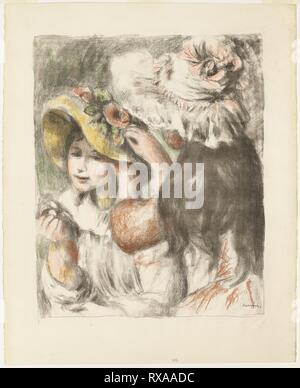 L'épinglage Hat. Pierre Auguste Renoir (Français, 1841-1919) ; imprimé par Auguste Clot (Français, 1858-1936). Date : 1898. Dimensions : 769 × 625 mm. Lithographie de cinq pierres en noir, orange, saumon, jaune et vert sur papier vergé ivoire. Origine : France. Musée : le Chicago Art Institute. Banque D'Images