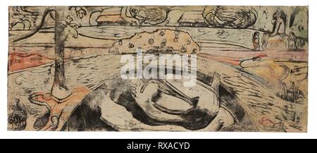 Manao tupapau (elle pense à l'ombre ou le fantôme pense à sa). Paul Gauguin ; français, 1848-1903. Date : 1894-1895. Dimensions : 220 × 525 mm (image/feuille). Wood-block print, imprimé deux fois dans l'encre noire, avec le pinceau et le pochoir appliqué-rouge, orange, jaune, vert, bleu, violet, brun et aquarelle sur ivoire papier japonais, fixées sur la crème du papier japonais. Origine : France. Musée : le Chicago Art Institute. Banque D'Images