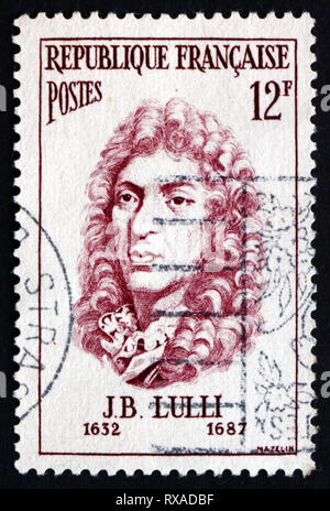 FRANCE - circa 1956 : timbre imprimé dans la France montre Jean Baptiste Lully, compositeur italien et français, Portrait, vers 1956 Banque D'Images