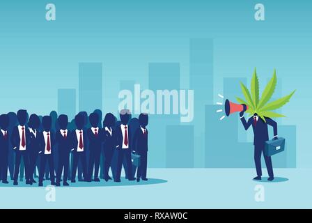 Manifestation pour la légalisation de la marijuana. Vecteur d'un homme d'affaires avec des feuilles de cannabis au lieu de crier dans la tête d'un mégaphone pour une foule de personnes Illustration de Vecteur