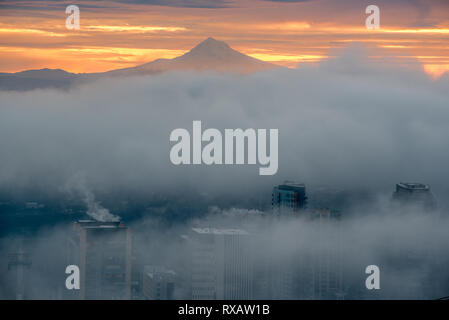 Portland Oregon's South Waterfront district sur un matin nuageux avec Mt. Capuche dans la distance. Banque D'Images