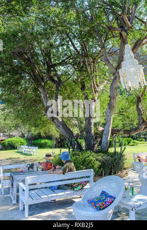 Happy senior couple relaxing avec un chien dans le jardin Banque D'Images