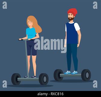 La femme et l'homme à barbe, équitation, scooter électrique Illustration de Vecteur