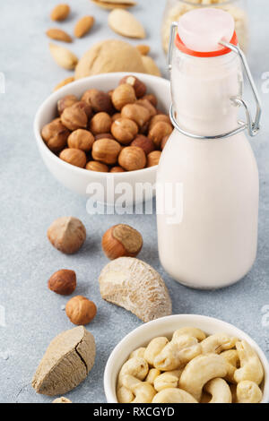 Produits laitiers lait noix dans une bouteille en verre et diverses matières d'écrous. La santé et de suivre un régime. Banque D'Images