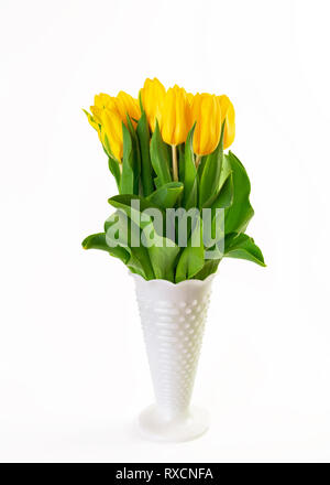 Un bouquet de tulipes jaunes dans un vase en verre blanc. Banque D'Images