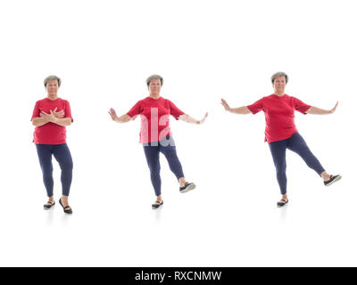 Série de formes de Tai chi de base effectuée par femme plus tourné sur fond blanc Banque D'Images