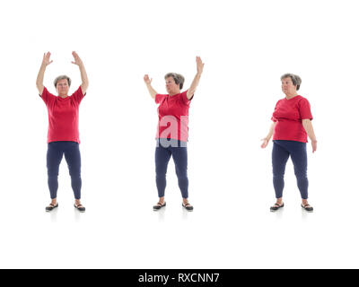 Série de formes de Tai chi de base effectuée par femme plus tourné sur fond blanc Banque D'Images