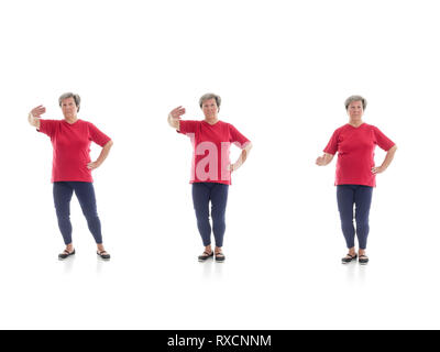 Série de formes de Tai chi de base effectuée par femme plus tourné sur fond blanc Banque D'Images