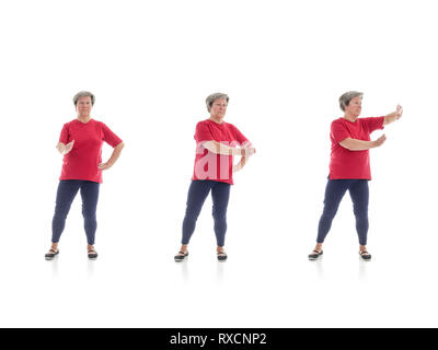 Série de formes de Tai chi de base effectuée par femme plus tourné sur fond blanc Banque D'Images