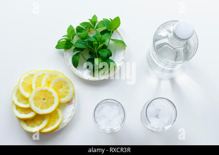 Vue de dessus sur les tranches de citron sur une assiette, feuilles de menthe fraîche, bouteille d'eau et deux verres avec des glaçons. Mise en place de la limonade sur fond blanc. Banque D'Images