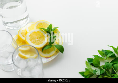 Limonade maison créé impliquant deux verres avec des cubes de glace, bouteille de l'eau, l'assiette avec les tranches de citron et tas de feuilles de menthe fraîche, les ingrédients Banque D'Images