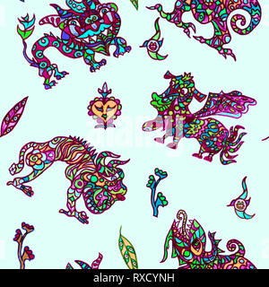 Parure ethnique monstres mythiques seamless pattern design inspiré par fusion de l'Ukrainien, indiens et mexicains, les motifs traditionnels-feutres Banque D'Images