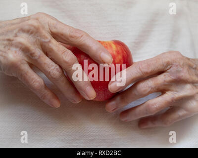 Personnes âgées white woman's hands holding une pomme rouge biologique contre un fond blanc. Profondeur de champ. Banque D'Images