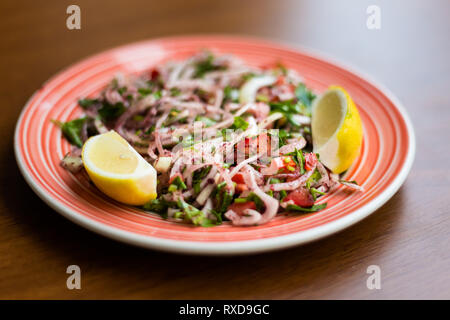 Kebab turc accompagnement salade d'oignon dans un restaurant local à Nicosie. Nourriture chypriote traditionnel sur l'île de Chypre. Banque D'Images
