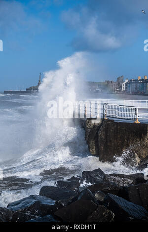 Aberystwyth, Pays de Galles, Royaume-Uni. 9 Mar 2019. Météo France : des coups de vent avec rafales à plus de 60 mi/h et le matin de la moissonneuse-batteuse de la marée haute, portant d'énormes vagues déferle sur la mer d'Irlande à la mer la pâte à Aberystwyth, sur la défense de la côte de la Baie de Cardigan, West Wales UK Crédit : Keith morris/Alamy Live News Banque D'Images