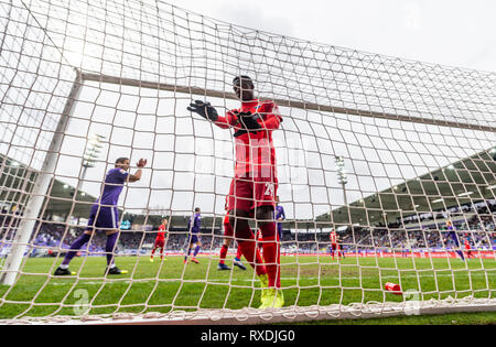 Aue, l'Allemagne. 09Th Mar, 2019. Soccer : 2ème Bundesliga, Erzgebirge Aue - SC Paderborn 07, 25e journée, dans le Sparkassen-Erzgebirgsstadion. Paderborn est Jamilu Collins secoue l'objectif net après avoir marqué 1:0. Crédit : Robert Michael/dpa-Zentralbild/DPA - NOTE IMPORTANTE : en conformité avec les exigences de la DFL Deutsche Fußball Liga ou la DFB Deutscher Fußball-Bund, il est interdit d'utiliser ou avoir utilisé des photographies prises dans le stade et/ou la correspondance dans la séquence sous forme d'images et/ou vidéo-comme des séquences de photos. Dpa : Crédit photo alliance/Alamy Live News Banque D'Images