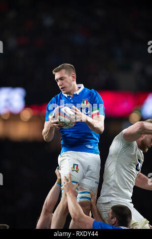 Twickenham, GBR. 09Th Mar, 2019. London, Royaume-Uni, samedi, 9 mars 2019, l'Italie, Frederico RUZZA, recueille la ligne hors ball, au cours de la Guinness match des Six Nations, l'Angleterre contre l'Italie, à la RFU Rugby, stade, Crédit : Peter SPURRIER/Alamy Live News Banque D'Images