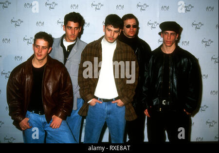 LOS ANGELES, CA - 7 février : (L-R) Chanteurs Joey MCINTYRE, Jonathan Knight, Jordan Knight, Donnie Wahlberg et Danny Bois de nouveaux enfants sur le bloc assister à la 21e édition des American Music Awards le 7 février 1994 Au Shrine Auditorium à Los Angeles, Californie. Photo de Barry King/Alamy Stock Photo Banque D'Images