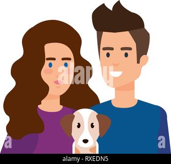 Jeune couple avec chien personnages avatars Illustration de Vecteur