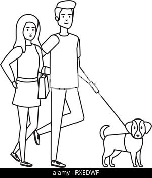 Jeune couple avec chien personnages avatars Illustration de Vecteur