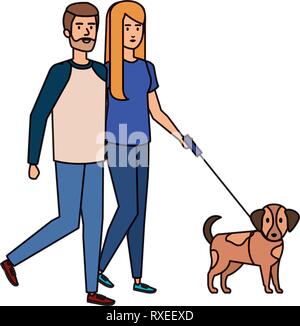 Jeune couple avec chien personnages avatars Illustration de Vecteur