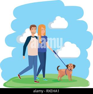 Jeune couple avec chien personnages avatars Illustration de Vecteur