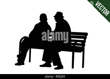 Deux personnes âgées silhouettes assis sur un banc de parc sur fond blanc, vector illustration Illustration de Vecteur