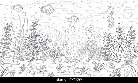 Livre de coloriage paysage sous-marin. Dessiner à main vector illustration avec des calques distincts. Illustration de Vecteur