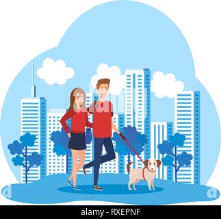 Jeune couple avec chien personnages avatars Illustration de Vecteur