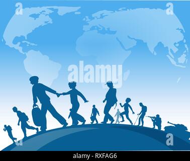 L'immigration de personnes marcher sous world map background .vector illustration Illustration de Vecteur