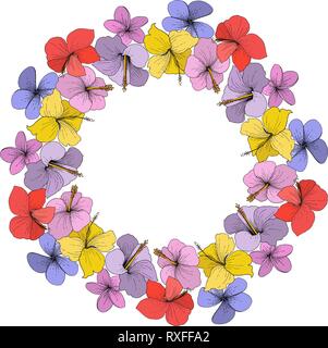 Vector floral Hibiscus fleurs tropicales. L'art d'encre gravée sur fond blanc. Bordure de cadre carré ornement. Illustration de Vecteur