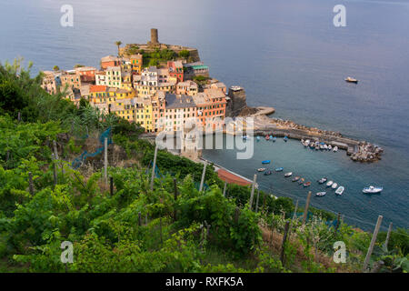 Port abrité à Vernazza, une commune italienne située dans la province de La Spezia, Ligurie, dans le nord-ouest de l'Italie. C'est l'un des cinq villages qui composent la région des Cinque Terre Banque D'Images