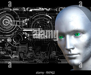 Les circuits électroniques du Robot face avec rendu 3d- l'arrière-plan Banque D'Images