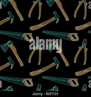 Scie, marteau, pinces et ax, pattern design transparente, hand drawn doodle, sketch dans un style pop art, illustration couleur, fond noir Banque D'Images