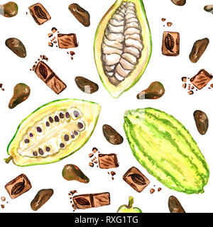 Cacaoyer (theobroma) fèves mûres, tranchées bean et barre de chocolat, un pattern design, illustration aquarelle peinte à la main, fond blanc Banque D'Images