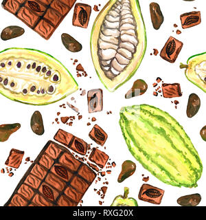 Cacaoyer (theobroma) fèves mûres, tranchées bean et barre de chocolat, un pattern design, illustration aquarelle peinte à la main, blanc Banque D'Images