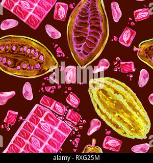 Cacaoyer (theobroma) fèves mûres, tranchées bean et barre de chocolat, un pattern design, illustration aquarelle peinte à la main, fond rouge foncé Banque D'Images