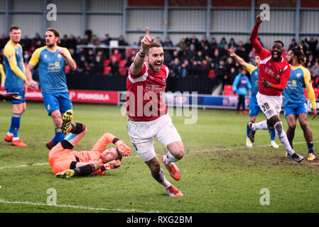 Salford, Royaume-Uni. 9 mars 2019. Le capitaine de la ville de Salford Liam Hogan fête l'ouverture de la notation comme Salford battre Solihull Moors 2-0. Banque D'Images