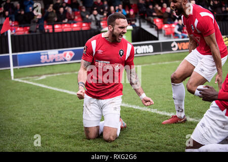 Salford, Royaume-Uni. 9 mars 2019. Le capitaine de la ville de Salford Liam Hogan fête l'ouverture de la notation comme Salford battre Solihull Moors 2-0. Banque D'Images