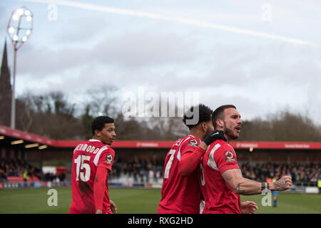 Salford, Royaume-Uni. 9 mars 2019. Matt Green & Liam Hogan célébrer comme Salford City beat Solihull Moors 2-0 pour aller en quatrième la Ligue nationale. Banque D'Images