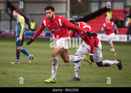 Salford, Royaume-Uni. 9 mars 2019. Matt Green célèbre comme Salford City beat Solihull Moors 2-0 pour aller quatrième de la Ligue nationale. Banque D'Images