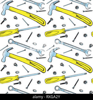 Marteau, tournevis, clé dynamométrique avec boulon, écrou, rondelle, clou et vis, seamless pattern design, hand drawn doodle, sketch dans un style pop art Banque D'Images