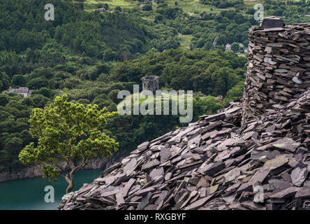 Château de Dolbadarn et Llyn Peris de Dinorwic, ardoise, Parc National de Snowdonia, le Nord du Pays de Galles, Royaume-Uni Banque D'Images